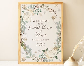 Dreamy Winter Floral Bridal Shower Welcome Sign Template, 18x24 and 24x36 Welcome Poster, Editable Template