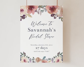 Dusty Rose Pink, Cream, and Blue Bridal Shower Welcome Sign Template, 18x24 and 24x36 Welcome Poster, Editable Template