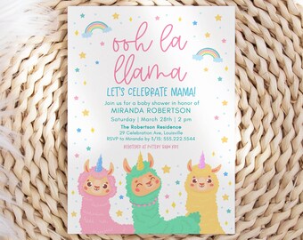 Ooh La Llama Baby Shower Invitation Template, Let's Celebrate Mama Rainbows Stars Invite, 5x7 Editable Template, Instant Download