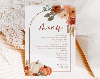 Fall Wedding Menu Template, Boho Arch Pumpkins and Leaves, 5x7 Fall Floral Wedding Reception Menu, Editable Template