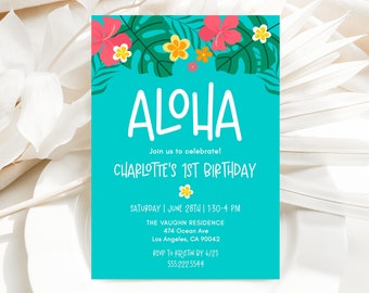 Aloha 1st Birthday Party Invitation Template, 5x7 Luau Hibiscus and Monstera Leaf First Birthday Invite, Editable Template, Instant Download