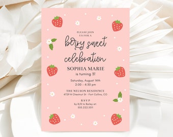 Berry Sweet Birthday Celebration Invitation Template, 5x7 Modern Strawberry Birthday Party, Any Age, Invite Printable, Editable Template