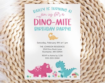 Pink and Blue Dinosaur Birthday Party Invitation Template, Dino-mite Birthday Invite for Any Age, 5x7 Editable Template, Instant Download