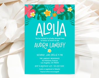 Aloha Luau Babypartyeinladungsvorlage, 5x7 Hibiscus Tropical Babyparty einladen, bearbeitbare Vorlage, Sofort Download