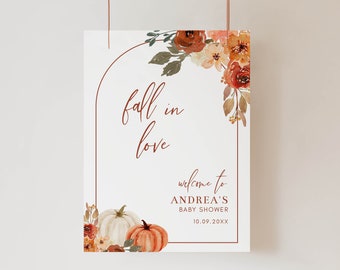 Fall In Love Baby Shower Welcome Sign Template, Boho Arch Pumpkins and Leaves 16x20, 18x24, 20x30, 24x36 Fall Floral Welcome Editable Poster