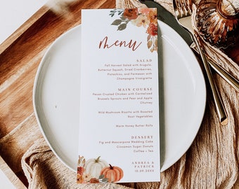 Modèle de menu de mariage d'automne, citrouilles et feuilles Boho, menu de réception de mariage floral d'automne 4x9, modèle modifiable