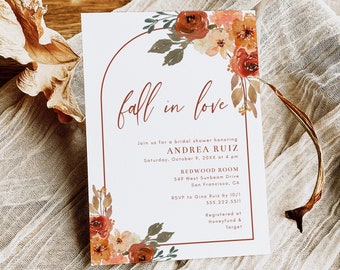 Fall In Love Bridal Shower Einladungsvorlage, 5x7 Boho Bogen Herbst Floral Bridal Shower einladen, bearbeitbare Vorlage von HelloLoveCo