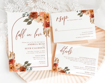 Fall In Love Wedding Invitation Suite Templates with RSVP and Details Insert Card, Boho Arch Autumn Floral and Leaves, Editable Templates