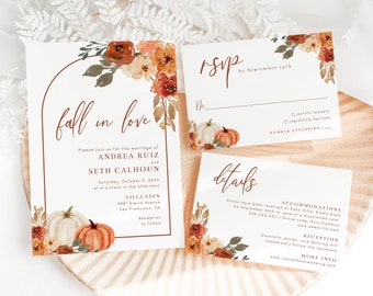 Fall In Love Wedding Invitation Suite Templates with RSVP and Details Insert Card, Boho Arch Pumpkin Floral and Leaves, Editable Templates
