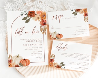 Fall In Love Wedding Invitation Suite Templates with RSVP and Details Insert Card, Boho Arch Pumpkin Floral and Leaves, Editable Templates