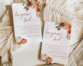Fall Floral Honeymoon Fund Card Template, Pumpkins and Leaves, 3.5x5" Autumn Honeymoon Wish Insert Card, Editable Template
