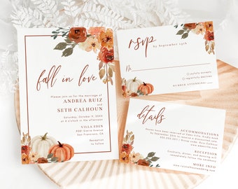 Fall In Love Wedding Invitation Suite Templates with RSVP and Details Insert Card, Modern Autumn Floral and Leaves, Editable Templates