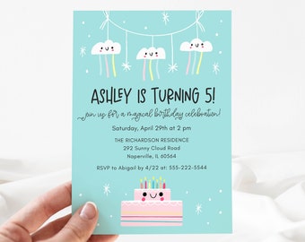 Happy Clouds and Cake Birthday Party Invitation Template, Light Blue and Pink, Any Age, 5x7 Editable Template, Instant Download