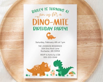 Modèle d'invitation fête d'anniversaire dinosaure vert et orange, invitation anniversaire dinosaure pour tout âge, modèle modifiable 5 x 7, téléchargement immédiat
