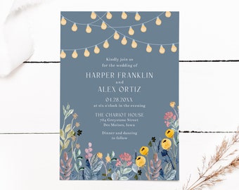 Wildflowers and Garden Lights Wedding Invitation Template, 5x7 Spring Summer Floral Wedding Invite, Editable Template Instant Download
