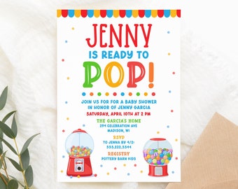 Gumball Ready To Pop Baby Shower Invitation Template, 5x7 Colorful Baby Shower Printable Invite, Editable Template, Instant Download