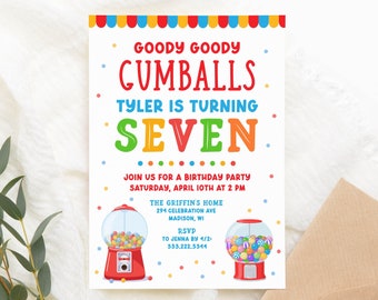 Gumball Birthday Party Invitation Template, 5x7 Kids Colorful Birthday Invite Printable, Any Age, Editable Template, Instant Download