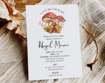 Wild Mushrooms Baby Shower Invitation Template, Red and White Mushrooms with Acorns, 5x7 Woodland Baby Shower Invite, Editable Template