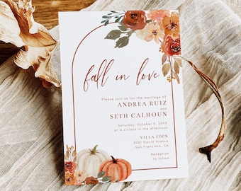 Fall In Love Wedding Invitation Template, Boho Arch Pumpkins and Leaves, 5x7 Fall Floral Wedding Invite, Editable Template