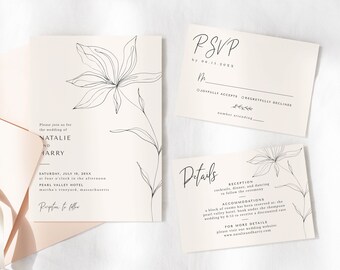 Wildflower Wedding Invitation Suite Templates - RSVP and Details Insert Card Templates Included, Simple Botanical Floral Editable Templates