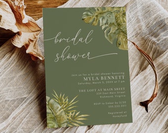 Monstera Leaves Bridal Shower Invitation Template, Leafy Green Plants, 5x7 Bridal Shower Invite, Editable Template