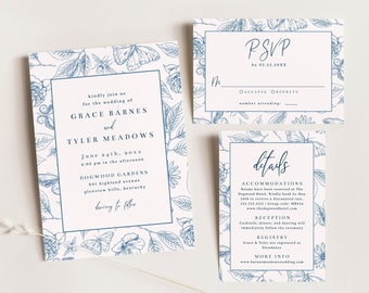 Blue Botanical Wedding Invitation Suite with RSVP and Details Insert Card, Floral Nature Vintage Bees and Butterflies, Editable Templates