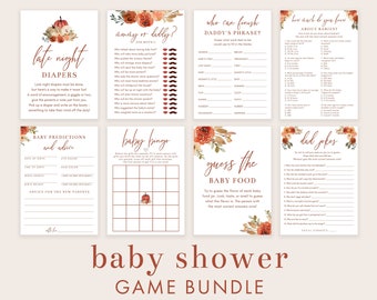 Falling In Love Baby Shower Game Bundle, Boho Arch Pumpkins and Leaves with Fall Floral, Baby Shower Game Templates, Editable Templates