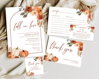 Fall In Love Bridal Shower Template Bundle, Boho Arch Pumpkin Floral and Leaves, Editable Templates