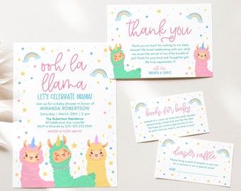 Ooh La Llama Baby Shower Invitation Template Bundle, Rainbows Stars Colorful Llamas Baby Shower Suite, Editable Templates Instant Download