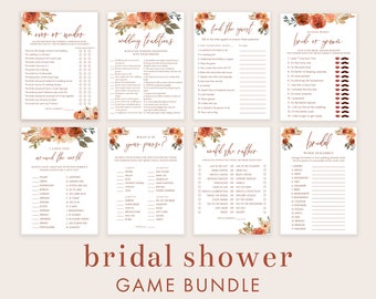 Fall In Love Bridal Shower Game Bundle, Boho Arch Pumpkins and Leaves with Fall Floral, Bridal Shower Game Templates, Editable Templates