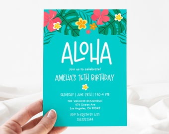 Aloha Sweet 16 Birthday Party Invitation Template, 5x7 Luau Hibiscus 16th Birthday Invite, Editable Template, Instant Download