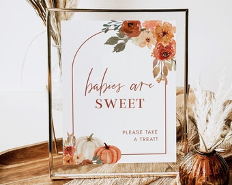 Babies Are Sweet Sign Template, Boho Arch Pumpkins and Leaves, 5x7 and 8x10 Fall Floral Baby Shower Sign, Editable Template by HelloLoveCo
