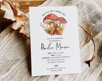 Wild Mushrooms Birthday Invitation Template, Red and White Mushrooms with Acorns, 5x7 Woodland Birthday Party Invite, Editable Template