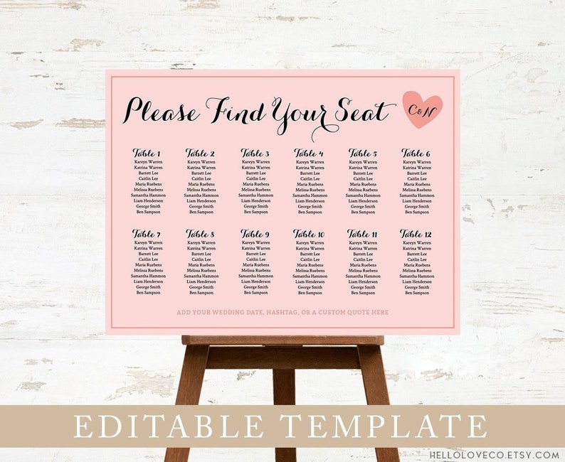 EDITABLE Wedding Seating Chart Table Custom Wedding Table Plan DIY Instant Download Templett Printable Find Your Seat Table Assignment