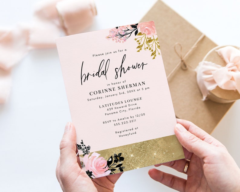Gold, Pink, and Black Bridal Shower Invitation Template, 5x7 Modern Floral Bridal Shower Invite, Editable Template image 1