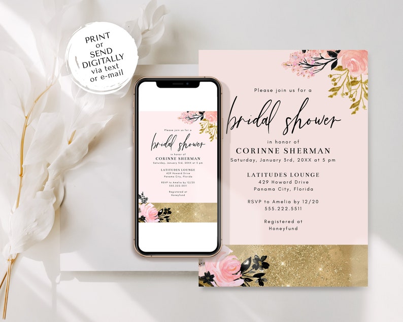 Gold, Pink, and Black Bridal Shower Invitation Template, 5x7 Modern Floral Bridal Shower Invite, Editable Template image 4
