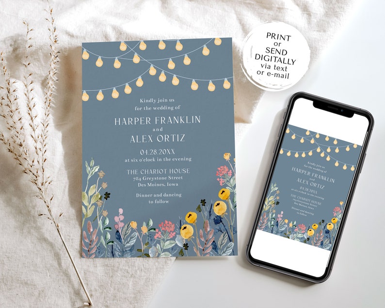 Wildflowers and Garden Lights Wedding Invitation Template, 5x7 Spring Summer Floral Wedding Invite, Editable Template Instant Download image 4