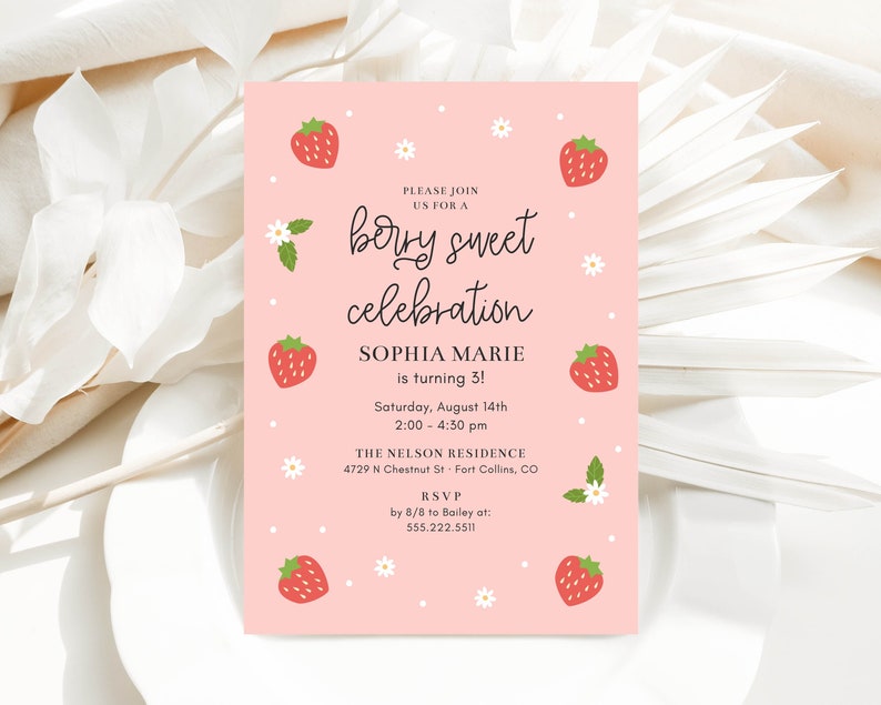 Berry Sweet Birthday Celebration Invitation Template, 5x7 Modern Strawberry Birthday Party, Any Age, Invite Printable, Editable Template image 1