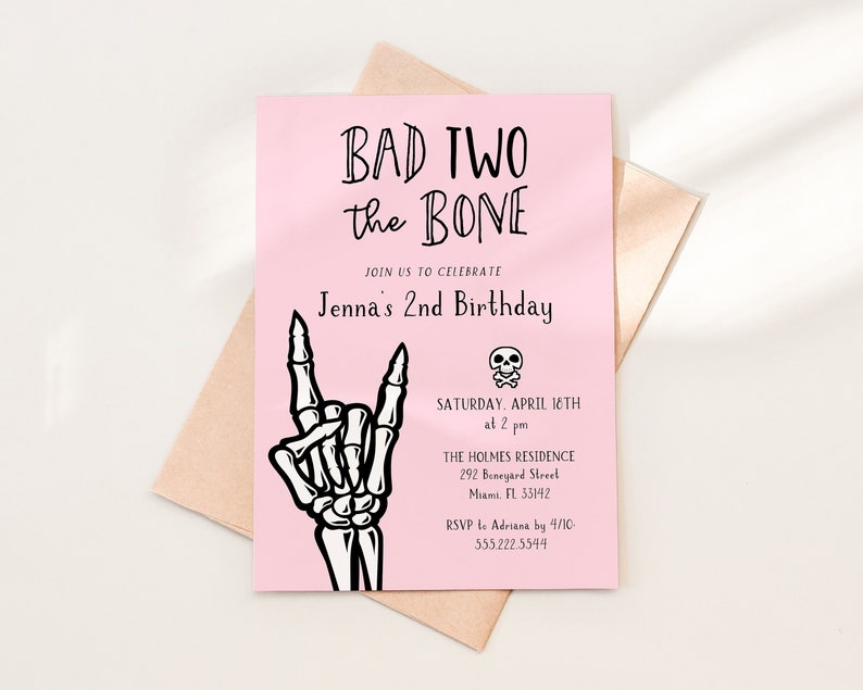 Bad Two The Bone 2nd Birthday Party Invitation Template, 5x7 Pink and Black Skeleton Hand Invite, Editable Template by HelloLoveCo image 1