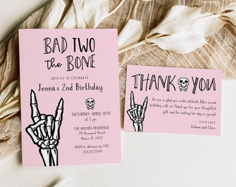 Bad Two The Bone 2nd Birthday Party Editable Templates - Pink and Black Skeleton - 5x7 Invitation and 5x3.5 Flat Thank You Card Template