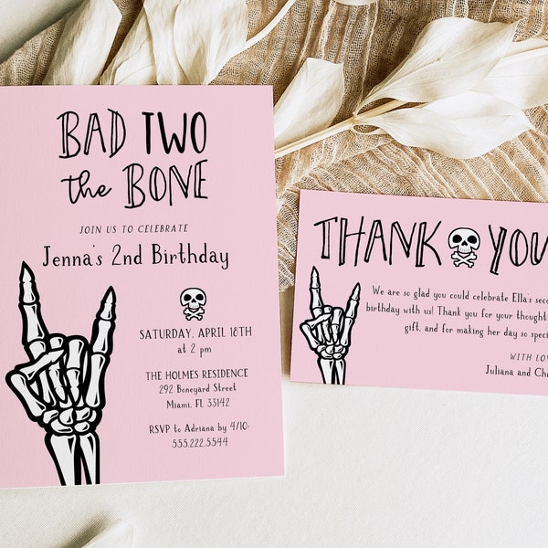 Bad Two The Bone 2nd Birthday Party Editable Templates - Pink and Black Skeleton - 5x7 Invitation and 5x3.5 Flat Thank You Card Template