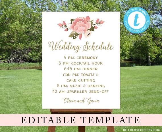 Editable Wedding Schedule Sign Custom Wedding Program Sign Etsy