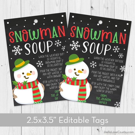 Snowman Soup Gift Tags Template Editable Printable Christmas | Etsy
