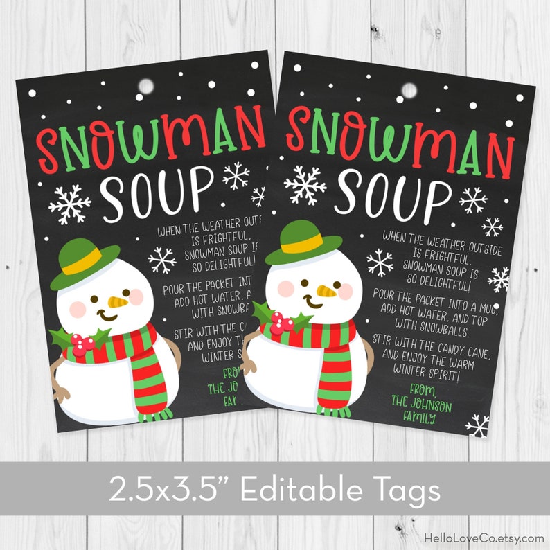 Snowman soup gift tags template editable printable christmas etsy