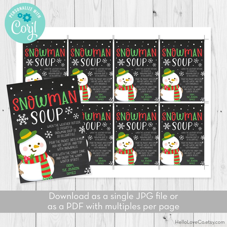 Snowman Soup Gift Tags Template Editable Printable Christmas | Etsy