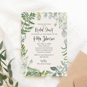 Forest Leaves Bridal Shower Invitation Template, Modern Nature Garden Invite, Plants Bridal Shower Invitation, Editable Template image 5