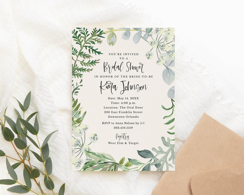 Forest Leaves Bridal Shower Invitation Template, Modern Nature Garden Invite, Plants Bridal Shower Invitation, Editable Template image 5