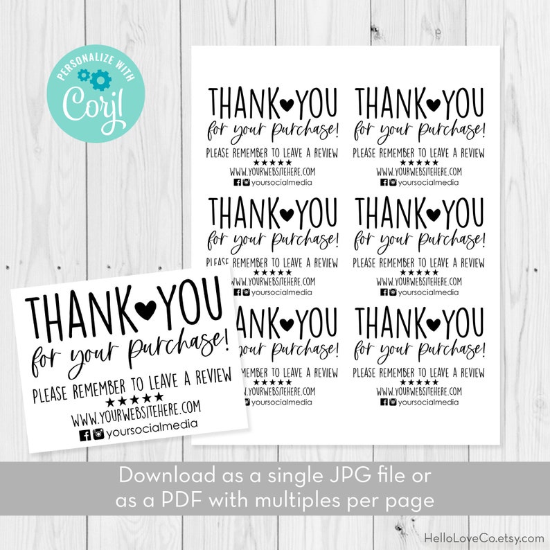 Editable Printable Thank You For Your Purchase Template Small Etsy
