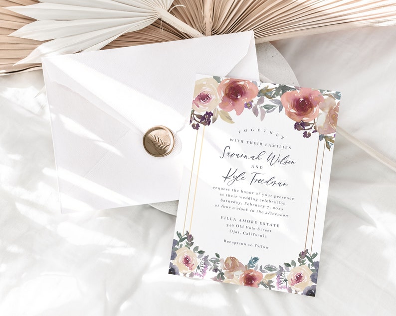 Dusty Rose Pink, Cream, and Blue Wedding Invitation Template, 5x7 Watercolor Floral Wedding Invite, Editable Template image 4