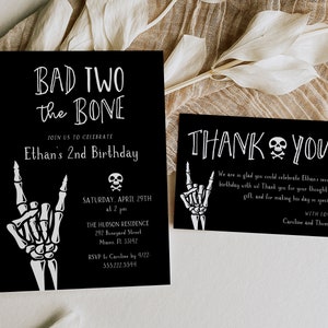 Conjunto de modelos editáveis de festa de segundo aniversário Bad Two The Bone - esqueleto preto e branco - convite 5x7 e modelo de cartão de agradecimento plano 5x3,5